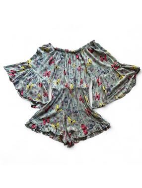 Deja Vu Butterfly Floral Off Shoulder Bell Sleeve Romper Women's Small Boho
